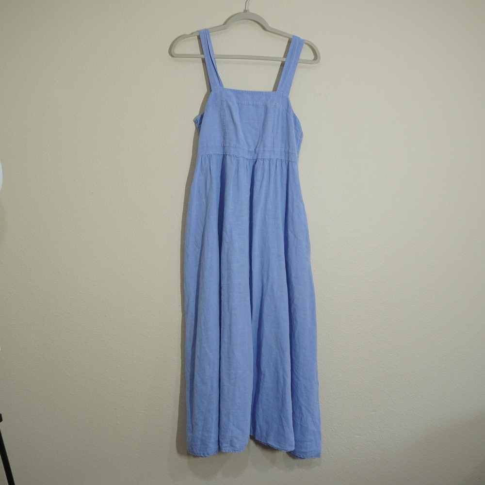 Spighe Di Lino Size Medium Midi Dress Blue Linen Cotton Smocked Tie Back Resort